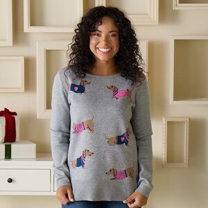 Puppy Intarsia Gray Sweater VIRAL TikTok CRACKER BARREL DACHSHUND SWEATER